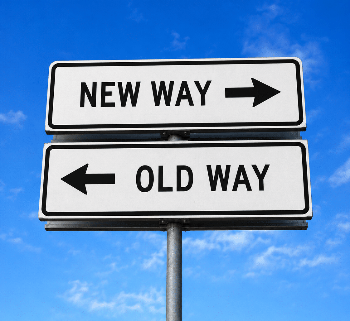 Street signs pointing in opposite directions, labeled New Way and Old Way