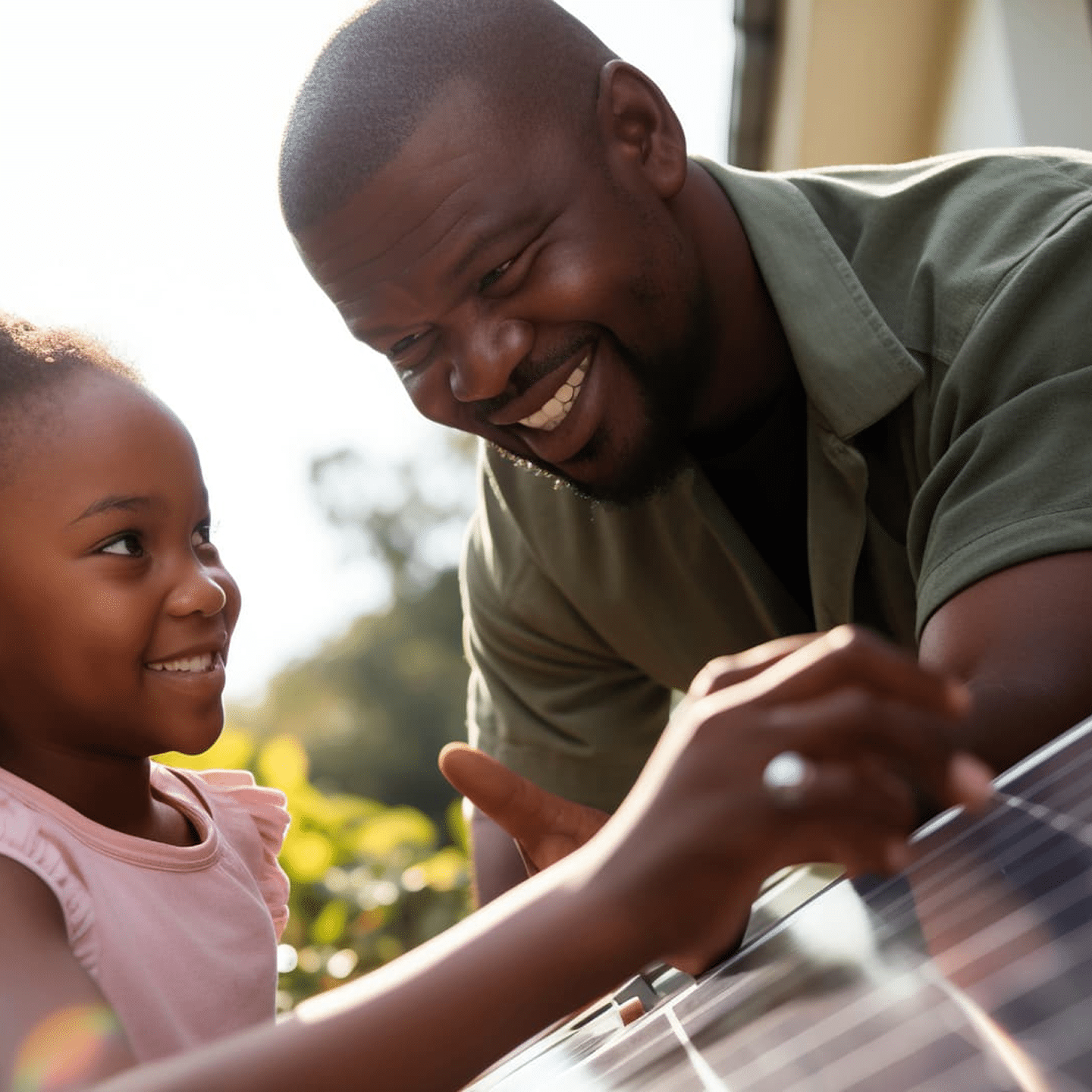 A father and daughter smile as they touch a solar panel.