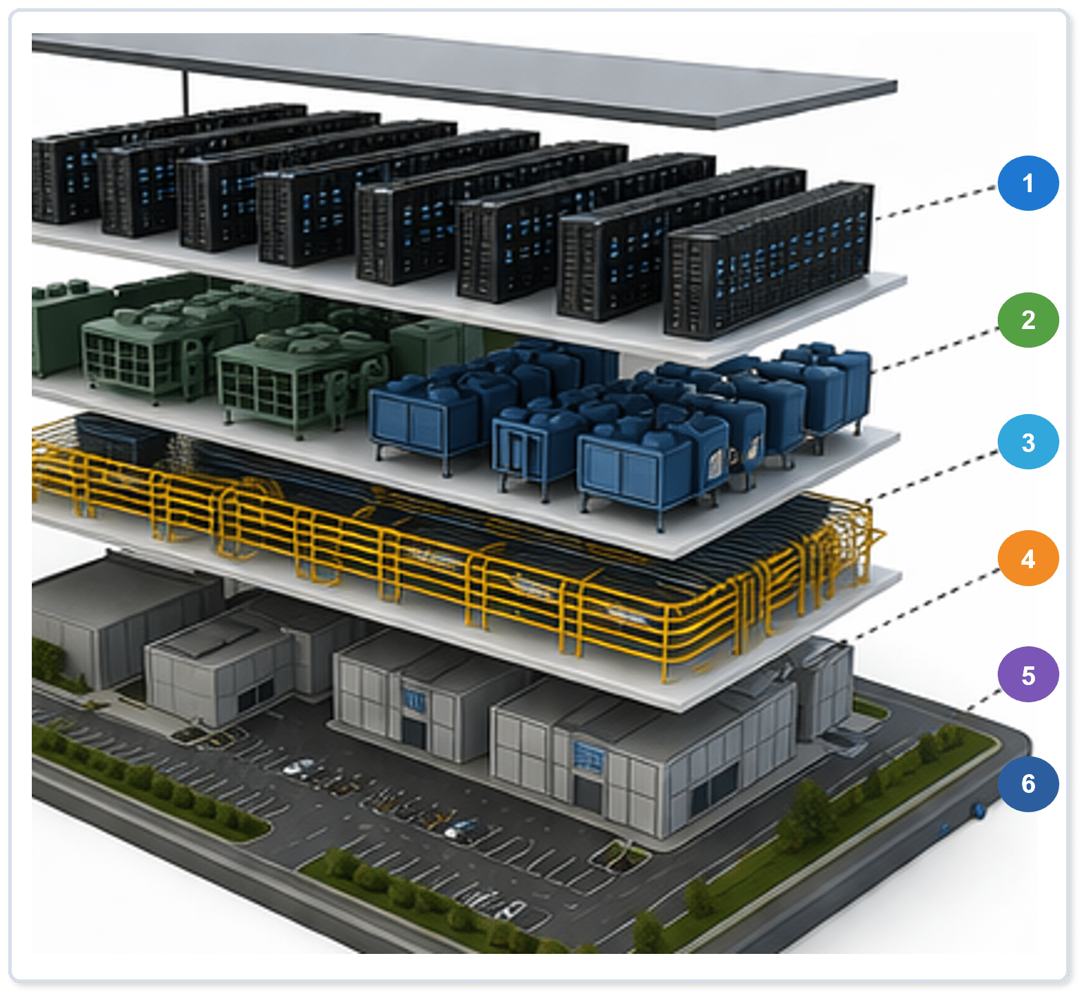 Exploded view of a data center campus showing its six layers, numbered to match the list.