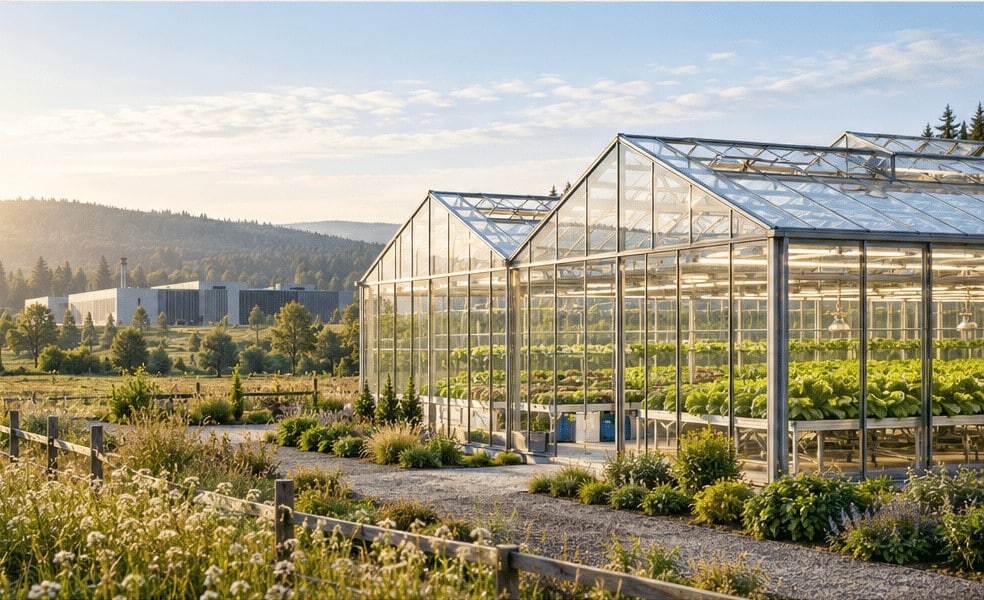 Illustration of a glass greenhouse filled with green plants, with native plantings in front and a low data center building and wooded hills in the distance