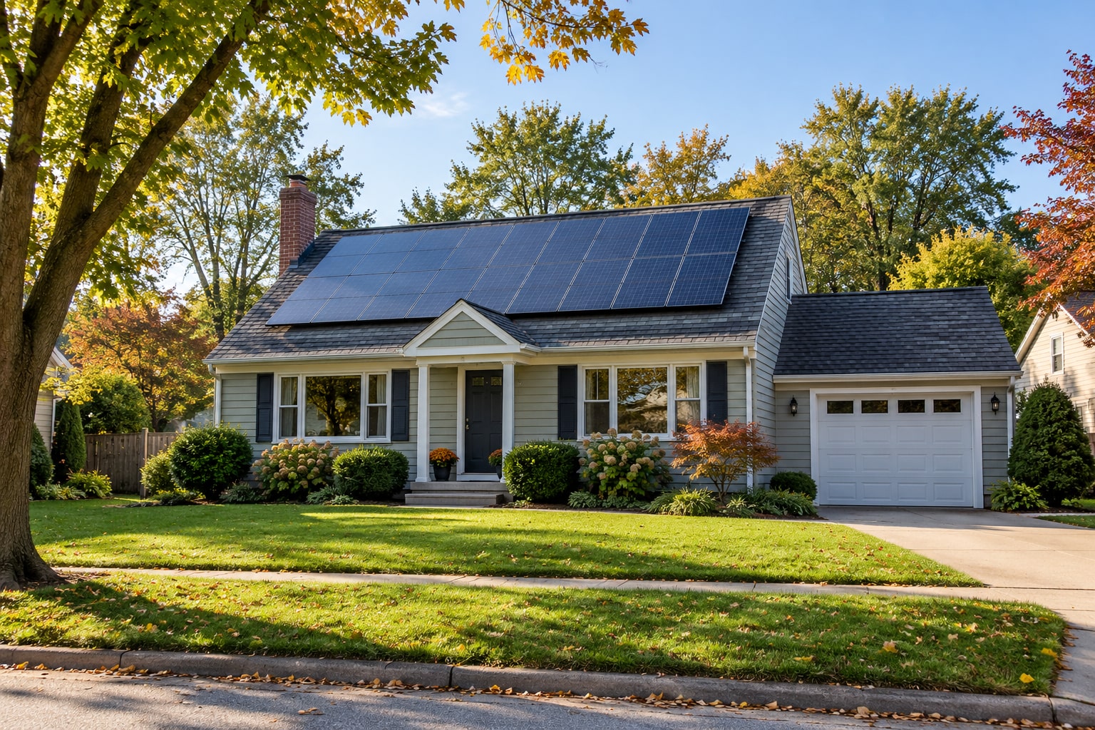A single-family home with solar panels on the roof.