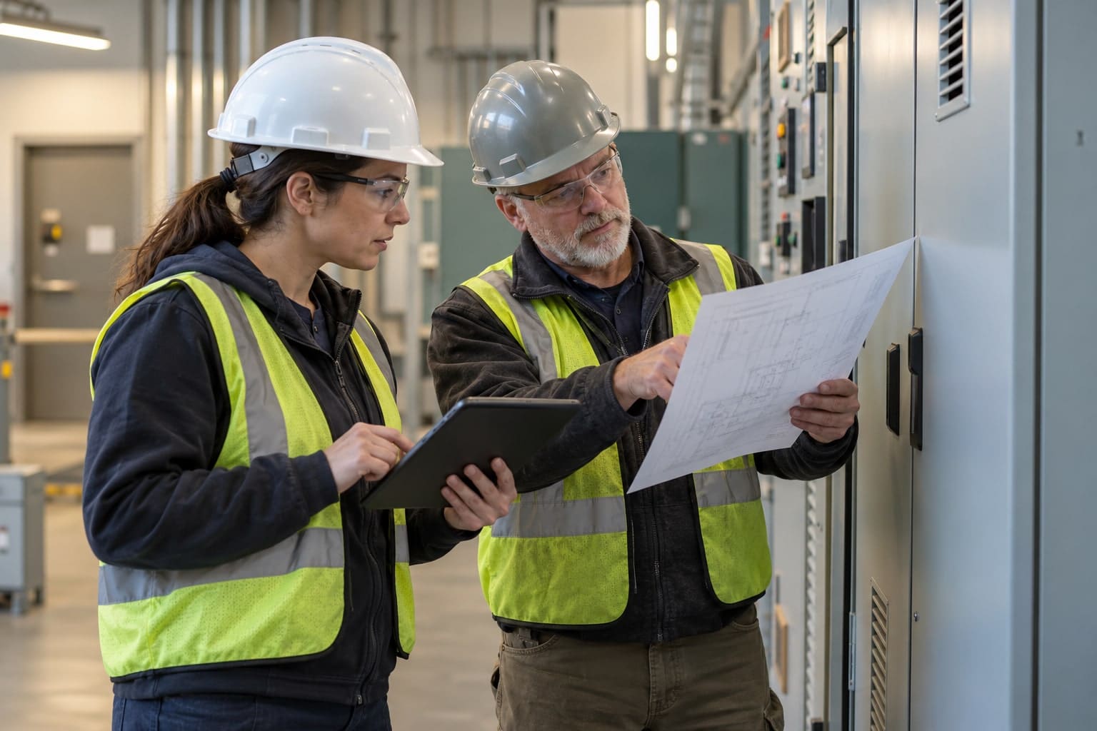Two workers in hard hats and safety vests review plans together.